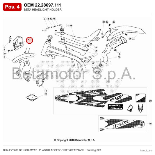 BETA HEADLIGHT HOLDER – OEM 22.28697.111, position 4 on the Beta EVO 80 SENIOR MY17 plastic accessories/seat/tank drawing