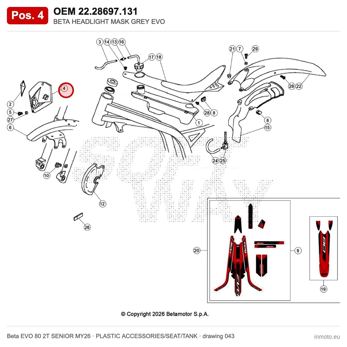 BETA HEADLIGHT MASK GREY EVO – OEM 22.28697.131, position 4 on the Beta EVO 80 2T SENIOR MY26 plastic accessories/seat/tank drawing