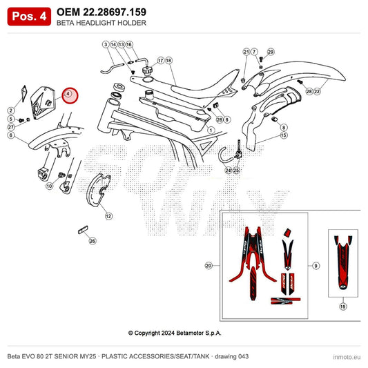 BETA HEADLIGHT HOLDER – OEM 22.28697.159, position 4 on the Beta EVO 80 2T SENIOR MY25 plastic accessories/seat/tank drawing