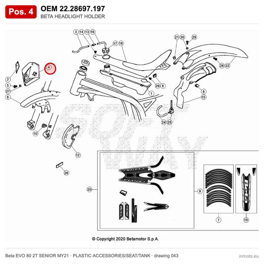 BETA HEADLIGHT HOLDER – OEM 22.28697.197, position 4 on the Beta EVO 80 2T SENIOR MY21 plastic accessories/seat/tank drawing