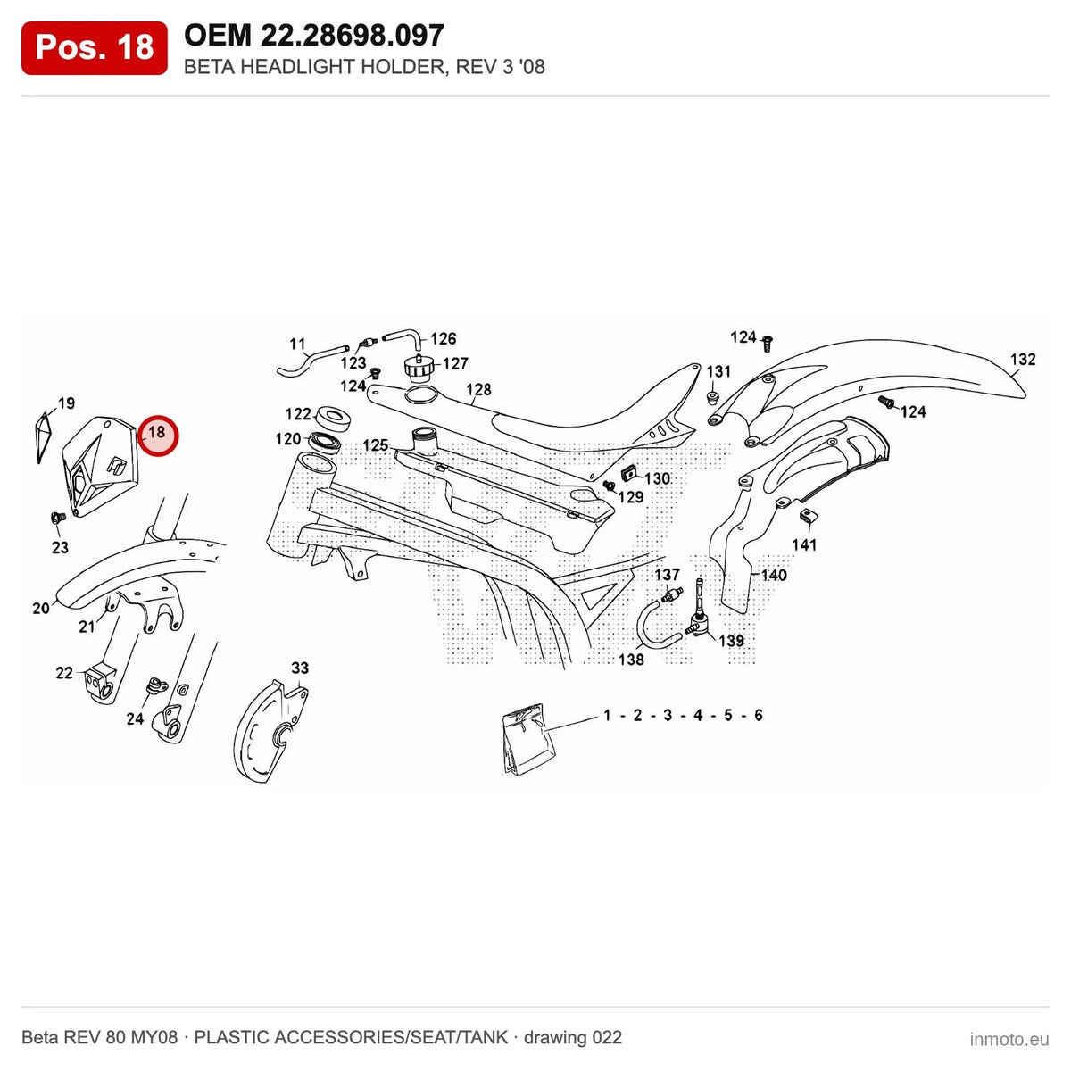 BETA HEADLIGHT HOLDER, REV 3 '08 – OEM 22.28698.097, position 18 on the Beta REV 80 MY08 plastic accessories/seat/tank drawing