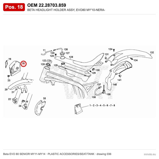 BETA HEADLIGHT HOLDER ASSY, EVO80 MY'10-NERA- – OEM 22.28703.859, position 18 on the Beta EVO 80 SENIOR MY11-MY14 plastic accessories/seat/tank drawing