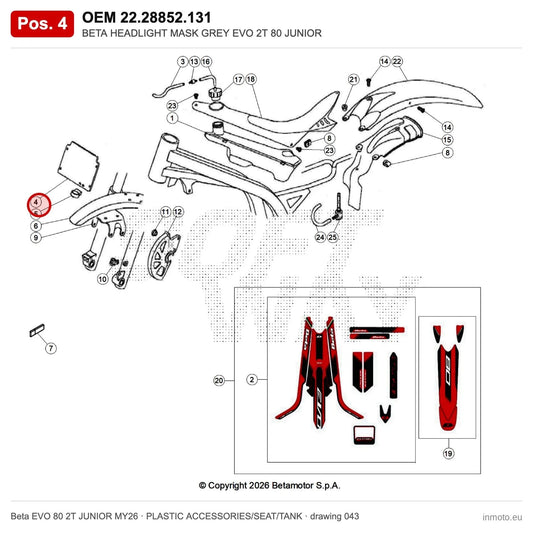 BETA HEADLIGHT MASK GREY EVO 2T 80 JUNIOR – OEM 22.28852.131, position 4 on the Beta EVO 80 2T JUNIOR MY26 plastic accessories/seat/tank drawing