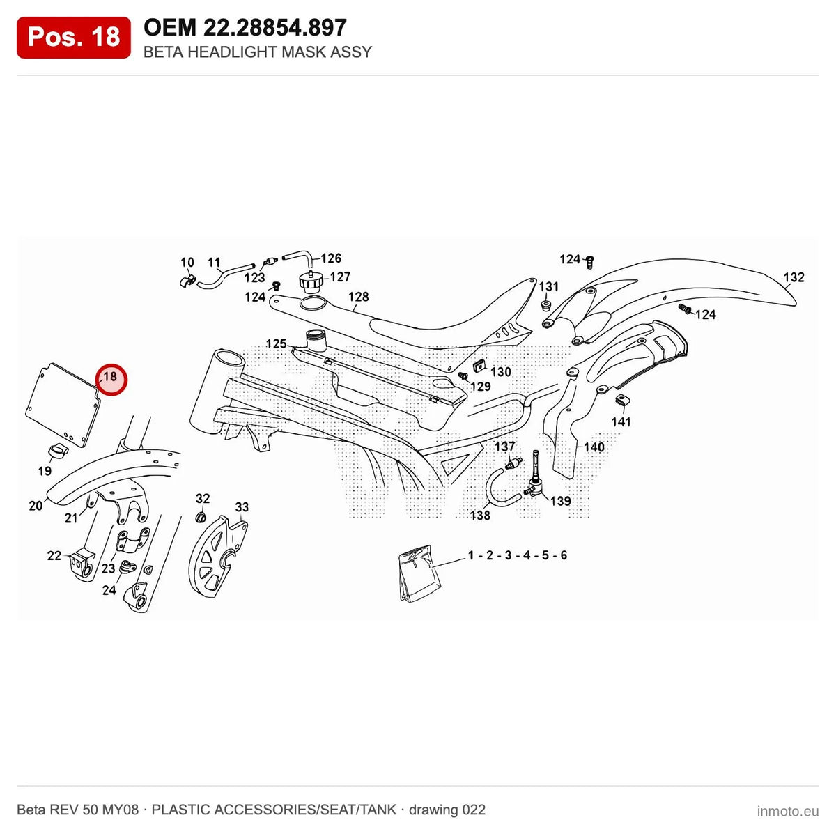 BETA HEADLIGHT MASK ASSY – OEM 22.28854.897, position 18 on the Beta REV 50 MY08 plastic accessories/seat/tank drawing
