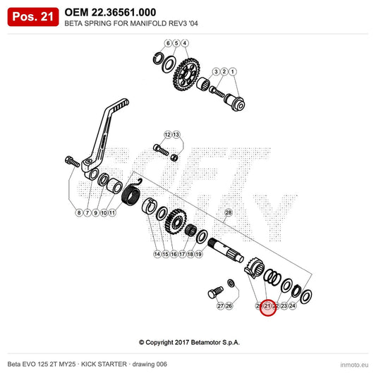 BETA SPRING FOR MANIFOLD REV3 '04 – OEM 22.36561.000, position 21 on the Beta EVO 125 2T MY25 kick starter drawing