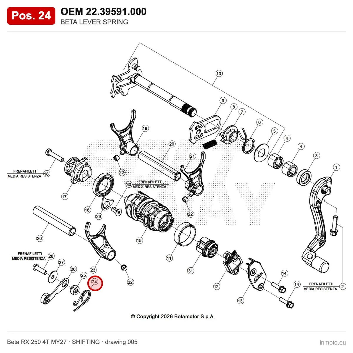 BETA LEVER SPRING – OEM 22.39591.000, position 24 on the Beta RX 250 4T MY27 shifting drawing