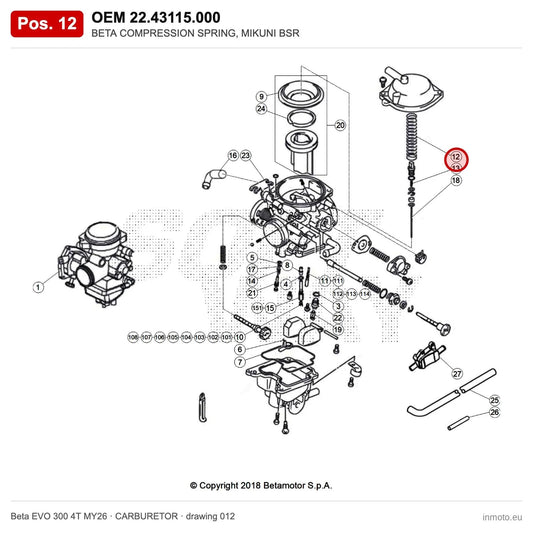 BETA COMPRESSION SPRING, MIKUNI BSR – OEM 22.43115.000, position 12 on the Beta EVO 300 4T MY26 carburetor drawing