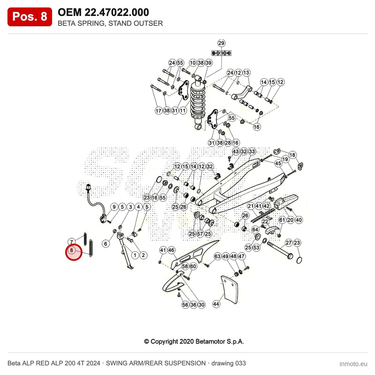 BETA SPRING, STAND OUTSER – OEM 22.47022.000, position 8 on the Beta ALP RED ALP 200 4T 2024 swing arm/rear suspension drawing