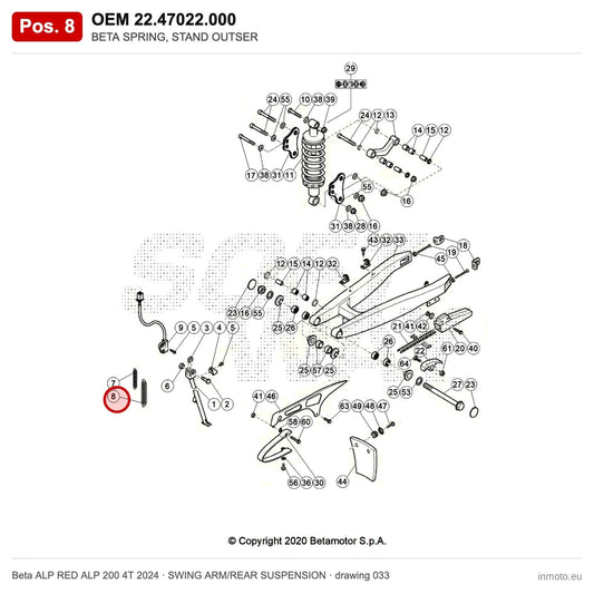 BETA SPRING, STAND OUTSER – OEM 22.47022.000, position 8 on the Beta ALP RED ALP 200 4T 2024 swing arm/rear suspension drawing