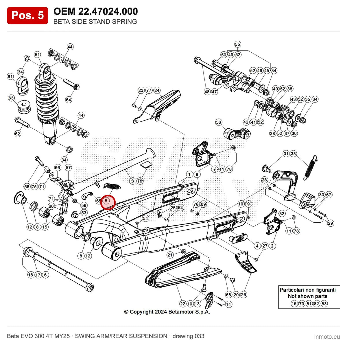 BETA SIDE STAND SPRING – OEM 22.47024.000, position 5 on the Beta EVO 300 4T MY25 swing arm/rear suspension drawing