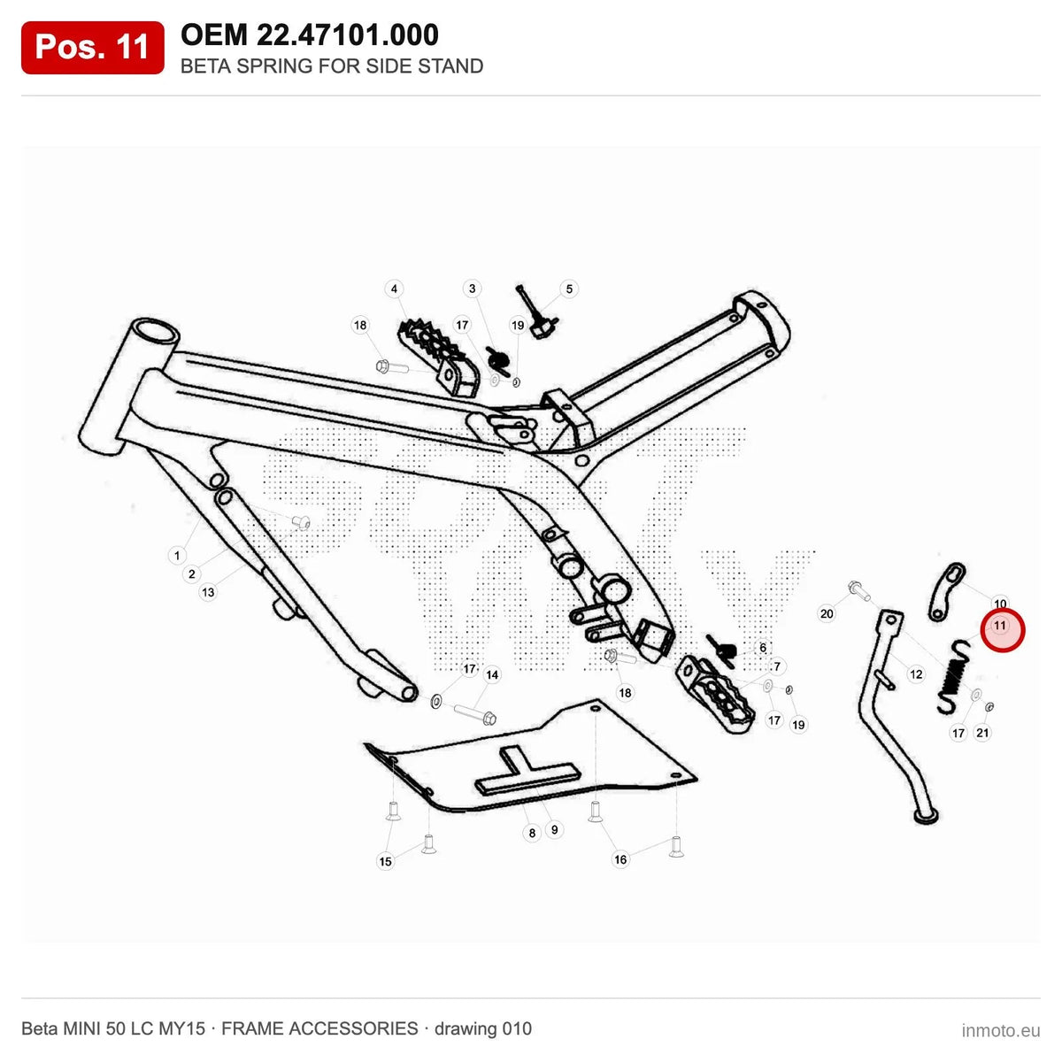 BETA SPRING FOR SIDE STAND – OEM 22.47101.000, position 11 on the Beta MINI 50 LC MY15 frame accessories drawing