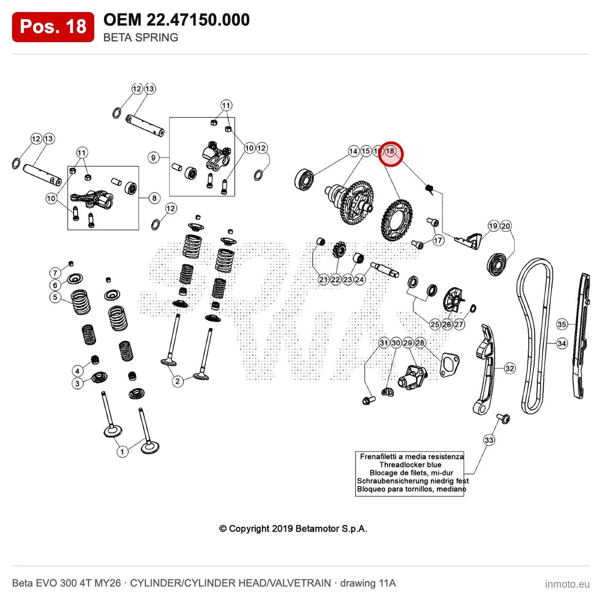 BETA SPRING – OEM 22.47150.000, position 18 on the Beta EVO 300 4T MY26 cylinder/cylinder head/valvetrain drawing