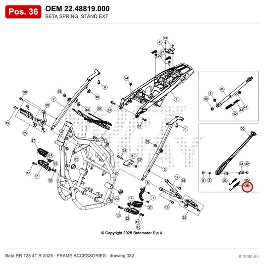 BETA SPRING, STAND EXT – OEM 22.48819.000, position 36 on the Beta RR 125 4T R 2025 frame accessories drawing