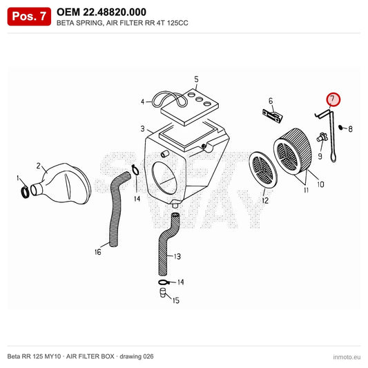BETA SPRING, AIR FILTER RR 4T 125CC – OEM 22.48820.000, position 7 on the Beta RR 125 MY10 air filter box drawing