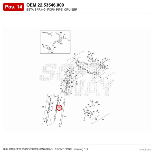 BETA SPRING, FORK PIPE, CRUISER – OEM 22.53546.000, position 14 on the Beta CRUISER 350CC EURO-JONATHAN front fork drawing