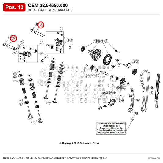 BETA CONNECTING ARM AXLE – OEM 22.54550.000, position 13 on the Beta EVO 300 4T MY26 cylinder/cylinder head/valvetrain drawing