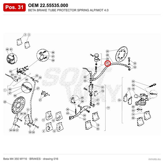 BETA BRAKE TUBE PROTECTOR SPRING ALP/MOT 4.0 – OEM 22.55535.000, position 31 on the Beta M4 350 MY16 brakes drawing