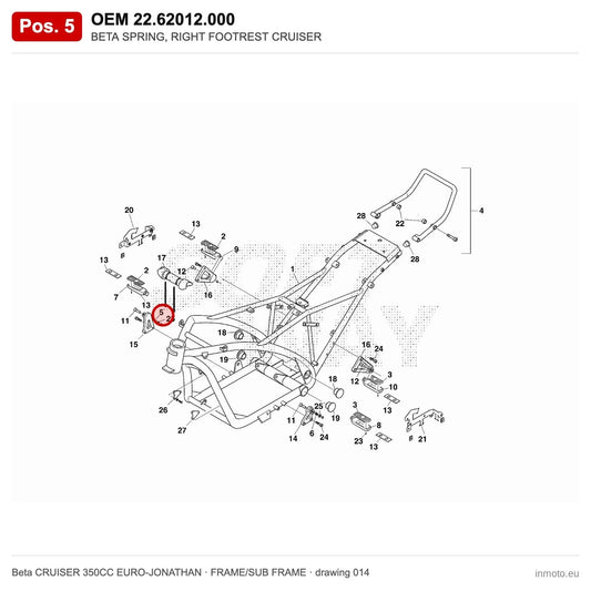 BETA SPRING, RIGHT FOOTREST CRUISER – OEM 22.62012.000, position 5 on the Beta CRUISER 350CC EURO-JONATHAN frame/sub frame drawing