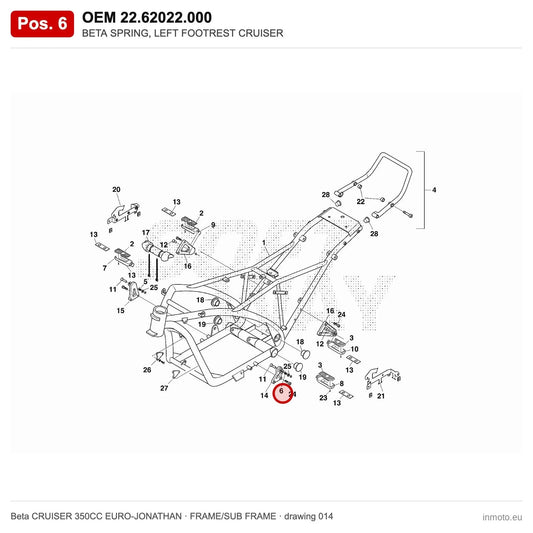BETA SPRING, LEFT FOOTREST CRUISER – OEM 22.62022.000, position 6 on the Beta CRUISER 350CC EURO-JONATHAN frame/sub frame drawing