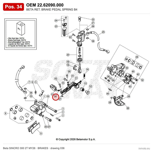 BETA RET. BRAKE PEDAL SPRING B4 – OEM 22.62090.000, position 34 on the Beta SINCRO 300 2T MY26 brakes drawing