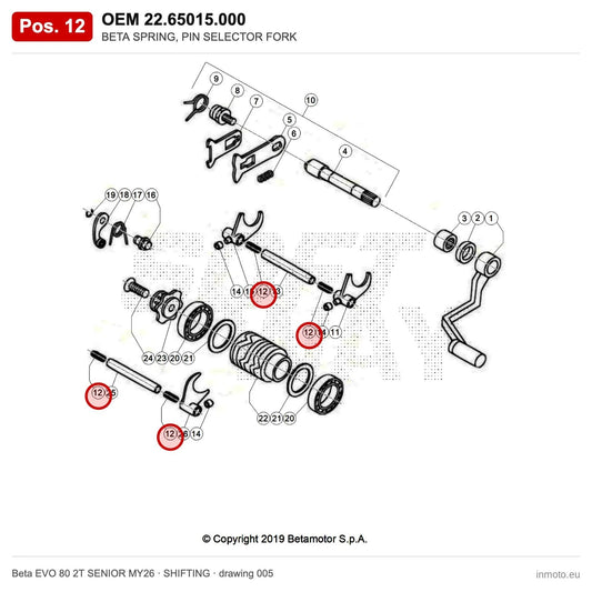 BETA SPRING, PIN SELECTOR FORK – OEM 22.65015.000, position 12 on the Beta EVO 80 2T SENIOR MY26 shifting drawing