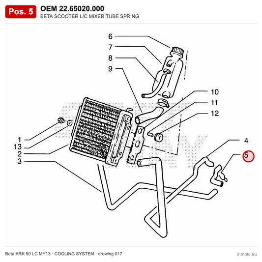 BETA SCOOTER L/C MIXER TUBE SPRING – OEM 22.65020.000, position 5 on the Beta ARK 50 LC MY13 cooling system drawing