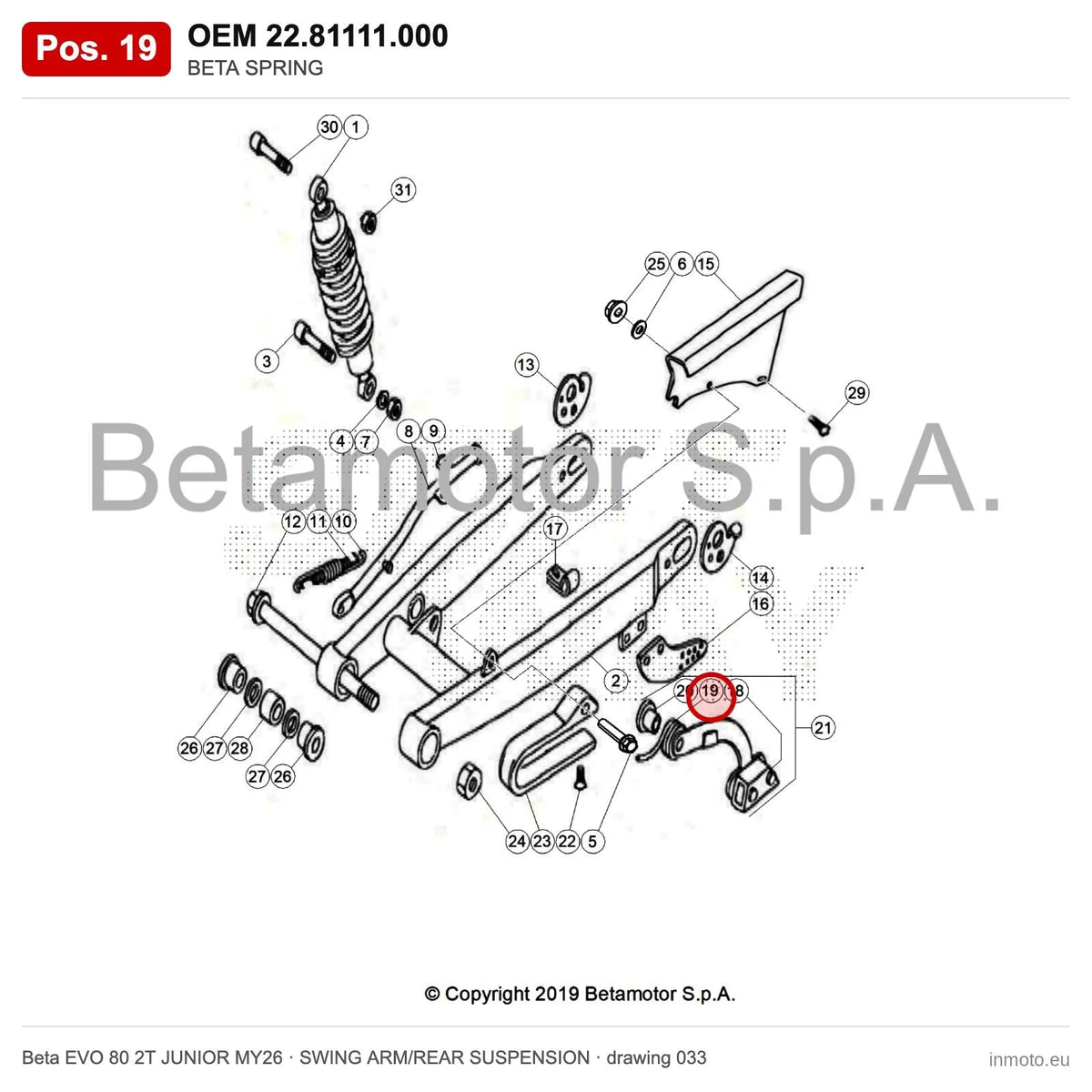 BETA SPRING – OEM 22.81111.000, position 19 on the Beta EVO 80 2T JUNIOR MY26 swing arm/rear suspension drawing