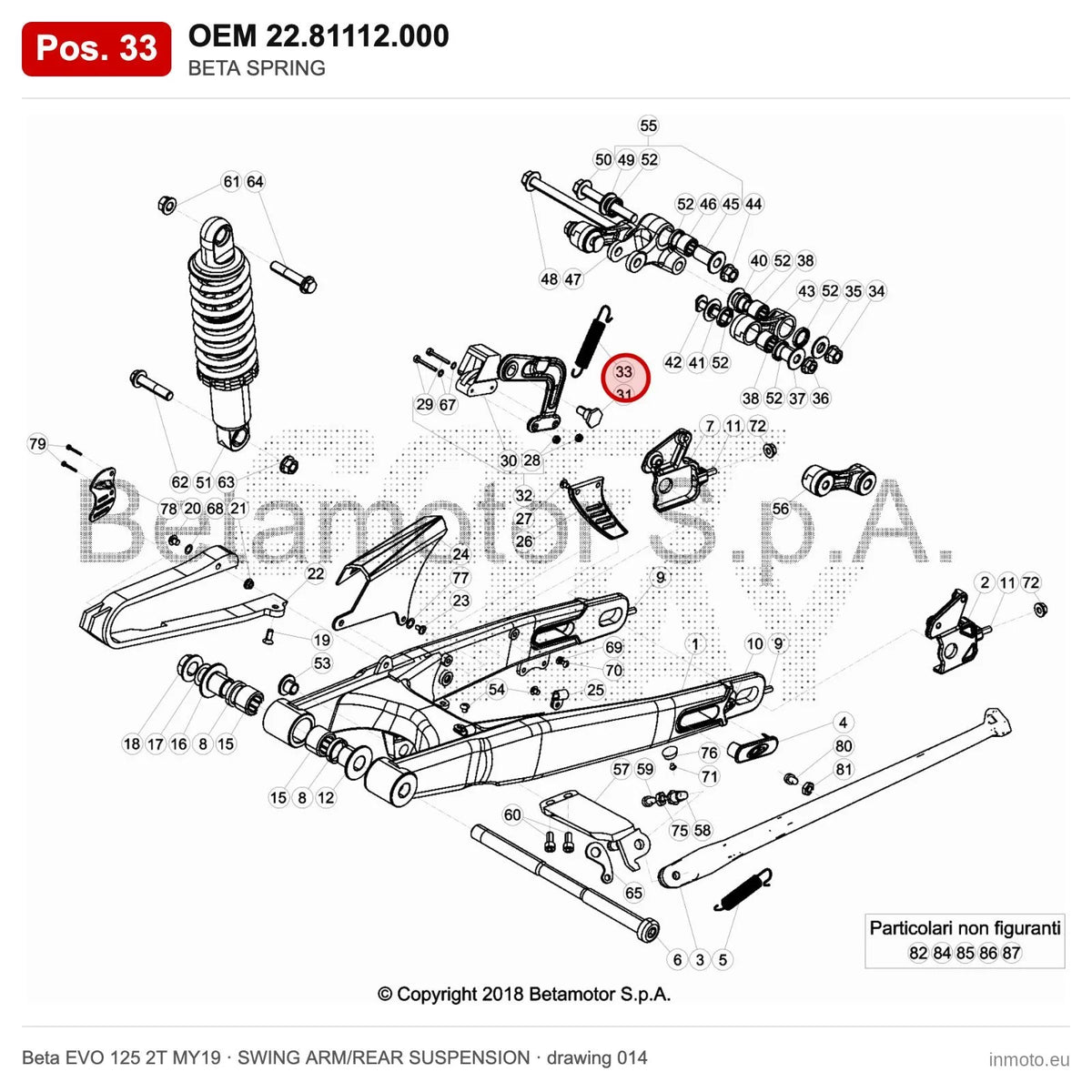 BETA SPRING – OEM 22.81112.000, position 33 on the Beta EVO 125 2T MY19 swing arm/rear suspension drawing