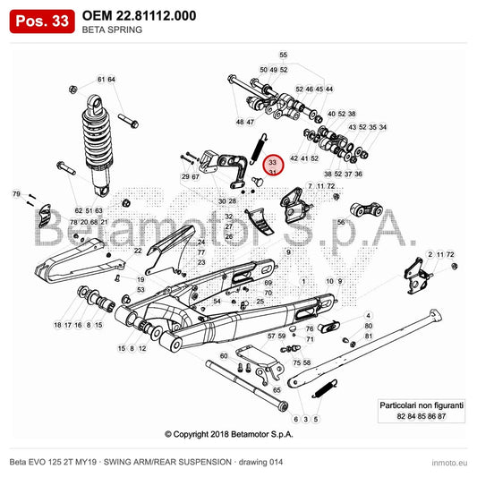 BETA SPRING – OEM 22.81112.000, position 33 on the Beta EVO 125 2T MY19 swing arm/rear suspension drawing