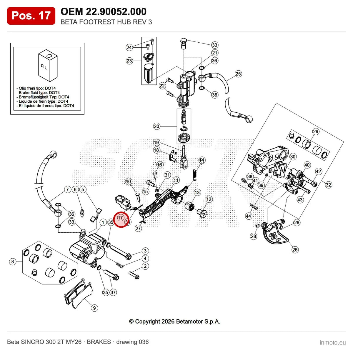 BETA FOOTREST HUB REV 3 – OEM 22.90052.000, position 17 on the Beta SINCRO 300 2T MY26 brakes drawing