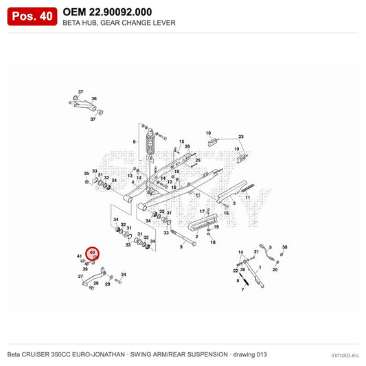 BETA HUB, GEAR CHANGE LEVER – OEM 22.90092.000, position 40 on the Beta CRUISER 350CC EURO-JONATHAN swing arm/rear suspension drawing