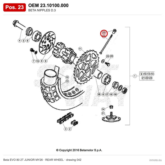 BETA NIPPLES D.3 – OEM 23.10100.000, position 23 on the Beta EVO 80 2T JUNIOR MY26 rear wheel drawing