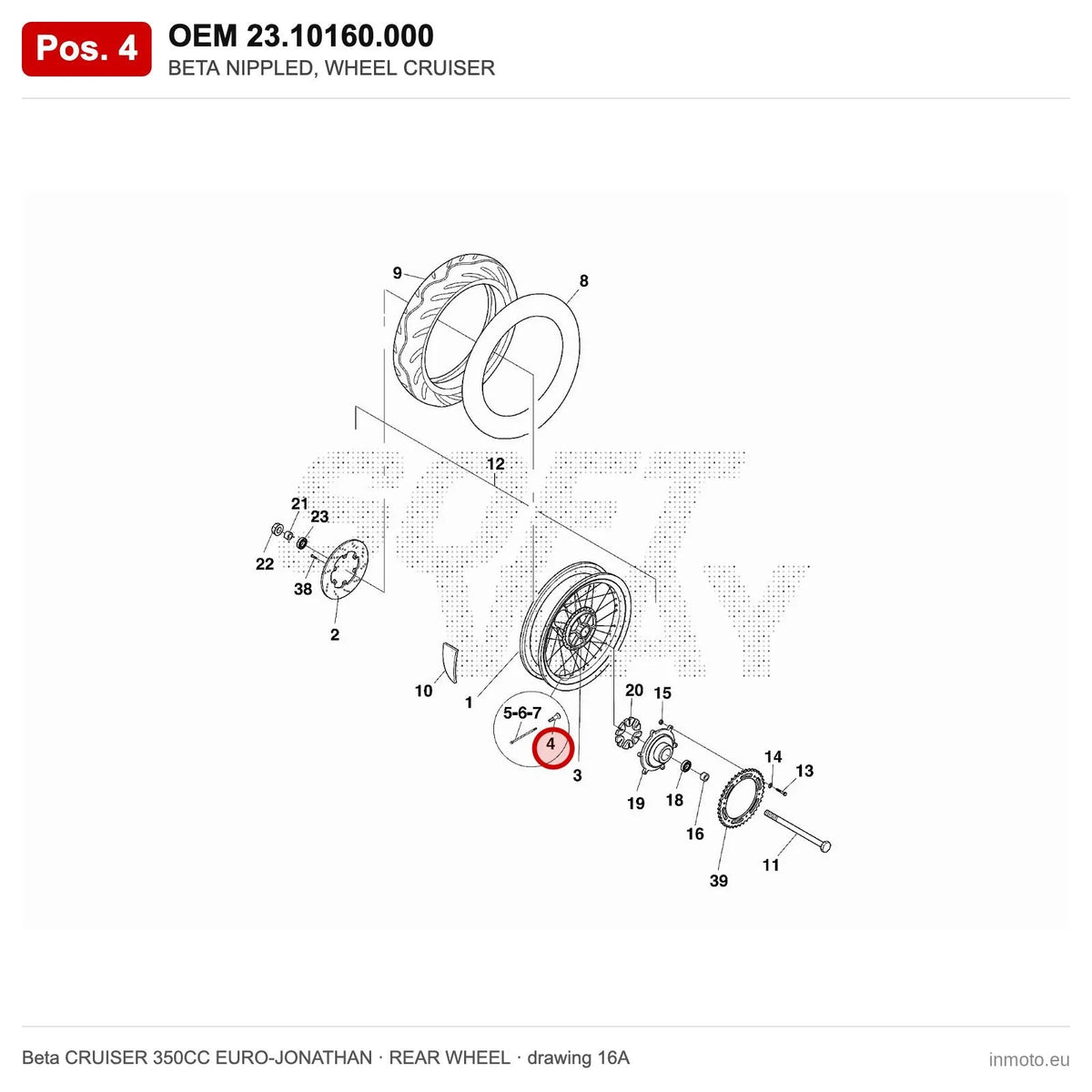 BETA NIPPLED, WHEEL CRUISER – OEM 23.10160.000, position 4 on the Beta CRUISER 350CC EURO-JONATHAN rear wheel drawing