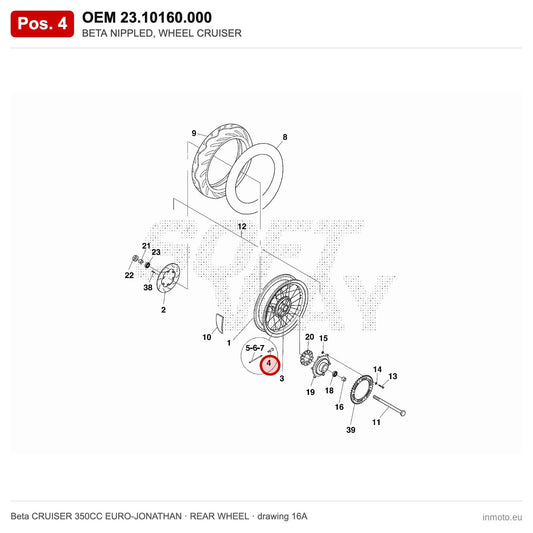 BETA NIPPLED, WHEEL CRUISER – OEM 23.10160.000, position 4 on the Beta CRUISER 350CC EURO-JONATHAN rear wheel drawing