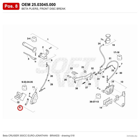 BETA PLIERS, FRONT DISC BREAK – OEM 25.03045.000, position 8 on the Beta CRUISER 350CC EURO-JONATHAN brakes drawing