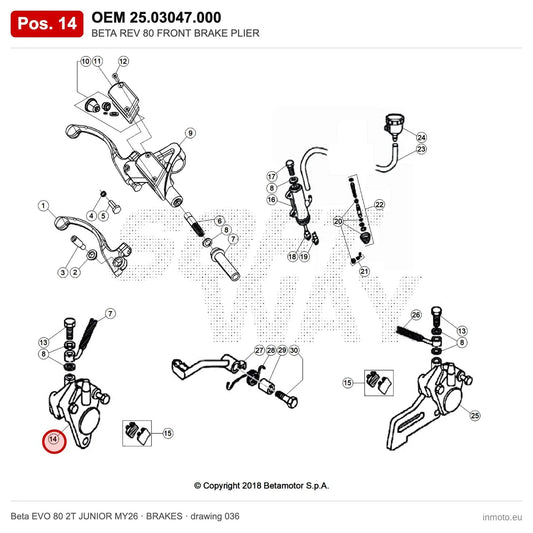 BETA REV 80 FRONT BRAKE PLIER – OEM 25.03047.000, position 14 on the Beta EVO 80 2T JUNIOR MY26 brakes drawing