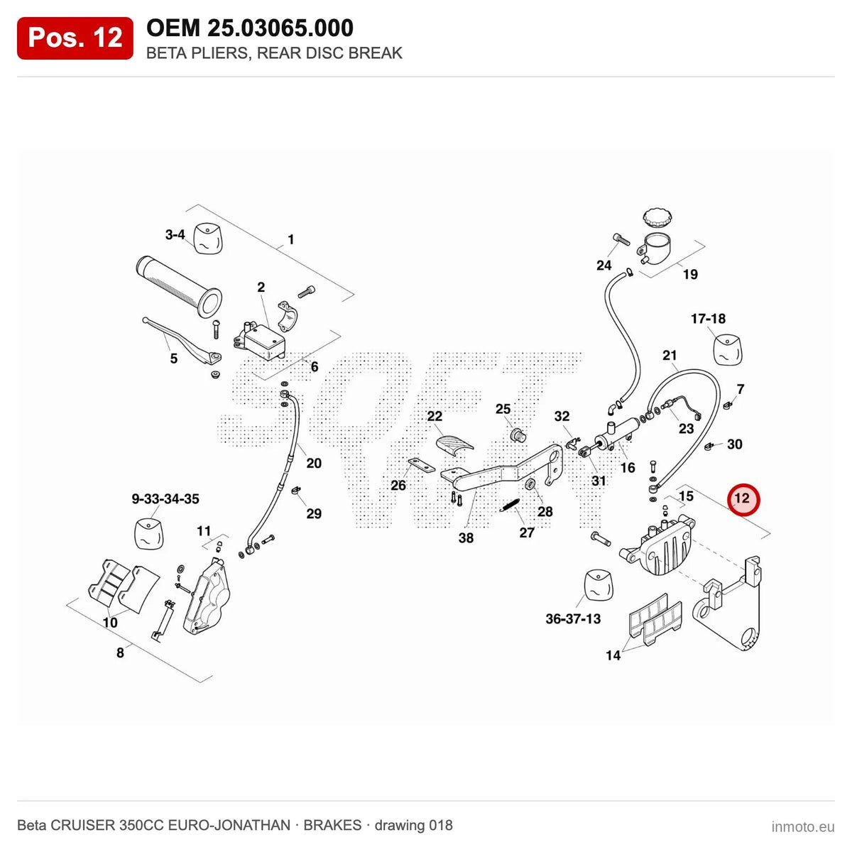 BETA PLIERS, REAR DISC BREAK – OEM 25.03065.000, position 12 on the Beta CRUISER 350CC EURO-JONATHAN brakes drawing