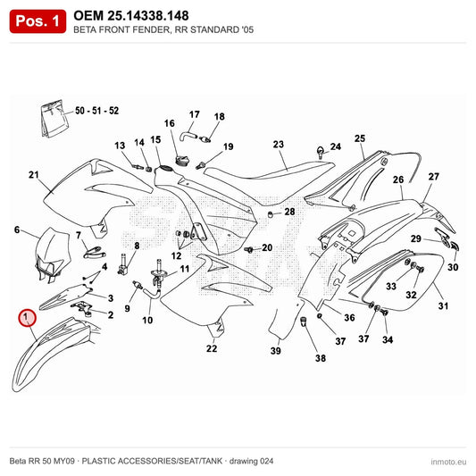 BETA FRONT FENDER, RR STANDARD '05 – OEM 25.14338.148, position 1 on the Beta RR 50 MY09 plastic accessories/seat/tank drawing