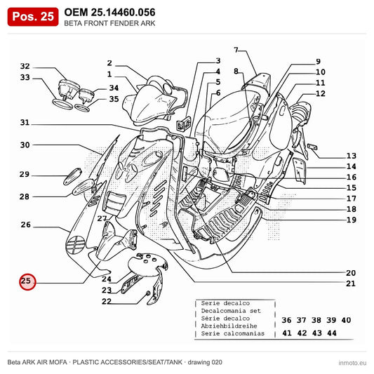 BETA FRONT FENDER ARK – OEM 25.14460.056, position 25 on the Beta ARK AIR MOFA plastic accessories/seat/tank drawing