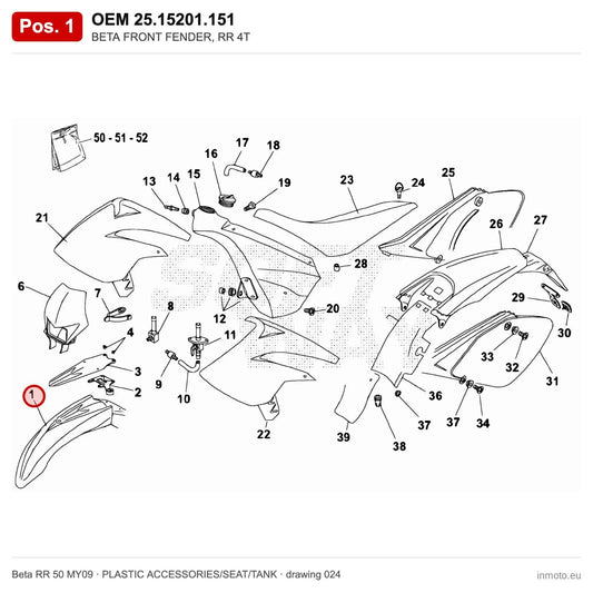 BETA FRONT FENDER, RR 4T – OEM 25.15201.151, position 1 on the Beta RR 50 MY09 plastic accessories/seat/tank drawing