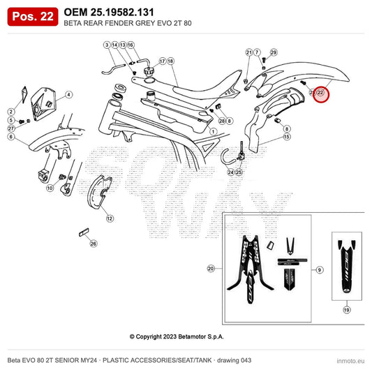 BETA REAR FENDER GREY EVO 2T 80 – OEM 25.19582.131, position 22 on the Beta EVO 80 2T SENIOR MY24 plastic accessories/seat/tank drawing