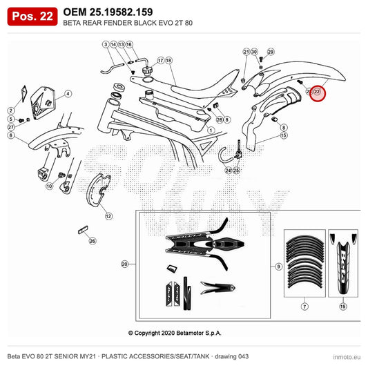 BETA REAR FENDER BLACK EVO 2T 80 – OEM 25.19582.159, position 22 on the Beta EVO 80 2T SENIOR MY21 plastic accessories/seat/tank drawing