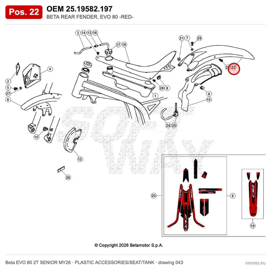 BETA REAR FENDER, EVO 80 -RED- – OEM 25.19582.197, position 22 on the Beta EVO 80 2T SENIOR MY26 plastic accessories/seat/tank drawing