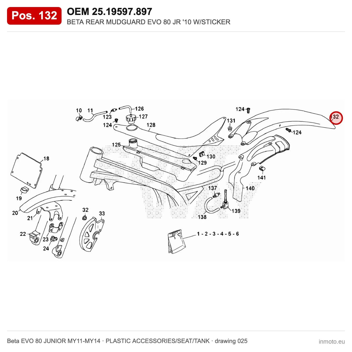 BETA REAR MUDGUARD EVO 80 JR '10 W/STICKER – OEM 25.19597.897, position 132 on the Beta EVO 80 JUNIOR MY11-MY14 plastic accessories/seat/tank drawing