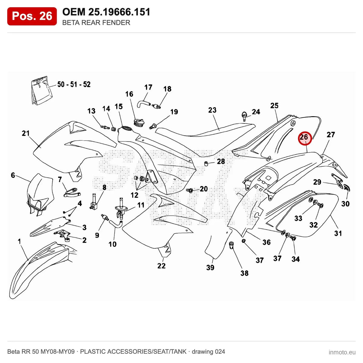 BETA REAR FENDER – OEM 25.19666.151, position 26 on the Beta RR 50 MY08-MY09 plastic accessories/seat/tank drawing