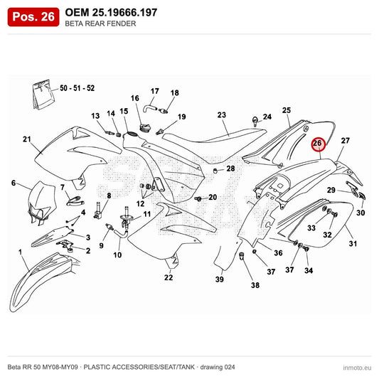 BETA REAR FENDER – OEM 25.19666.197, position 26 on the Beta RR 50 MY08-MY09 plastic accessories/seat/tank drawing
