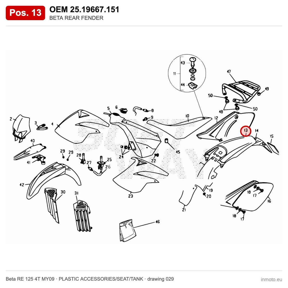 BETA REAR FENDER – OEM 25.19667.151, position 13 on the Beta RE 125 4T MY09 plastic accessories/seat/tank drawing