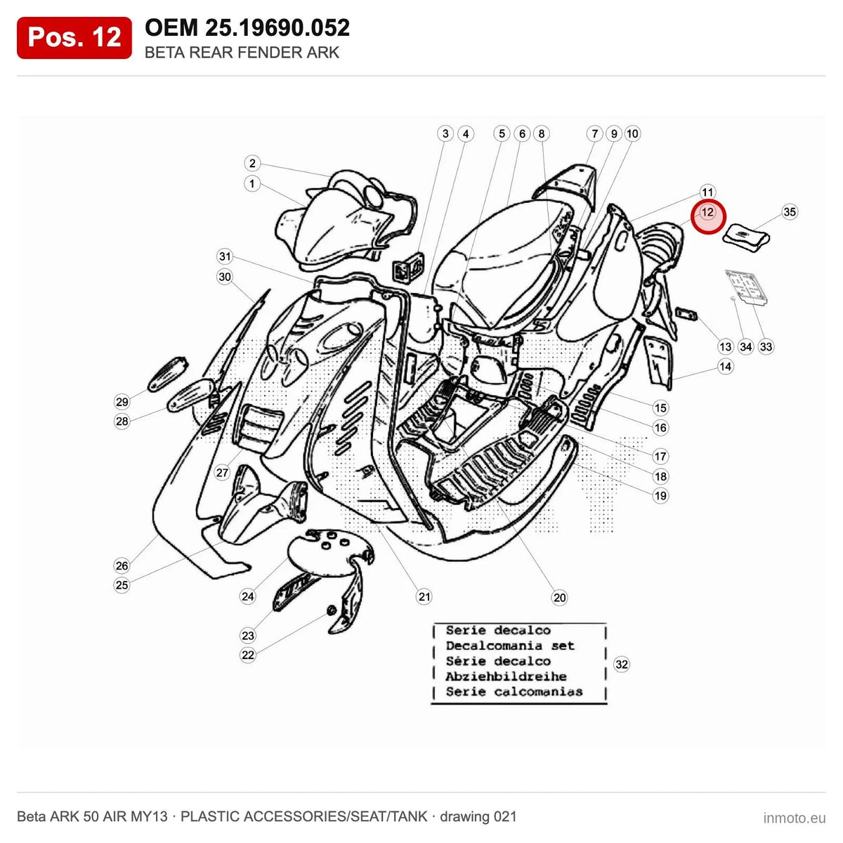 BETA REAR FENDER ARK – OEM 25.19690.052, position 12 on the Beta ARK 50 AIR MY13 plastic accessories/seat/tank drawing