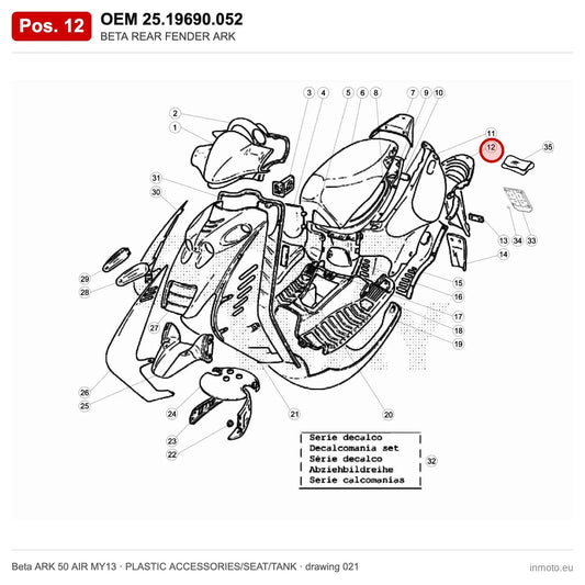 BETA REAR FENDER ARK – OEM 25.19690.052, position 12 on the Beta ARK 50 AIR MY13 plastic accessories/seat/tank drawing