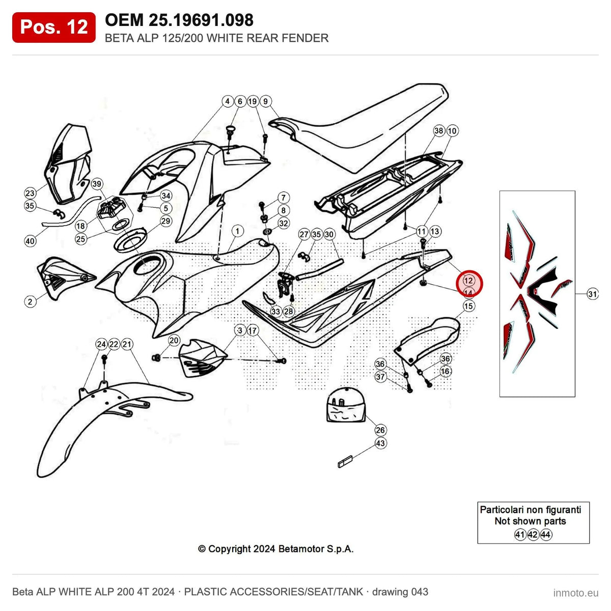 BETA ALP 125/200 WHITE REAR FENDER – OEM 25.19691.098, position 12 on the Beta ALP WHITE ALP 200 4T 2024 plastic accessories/seat/tank drawing